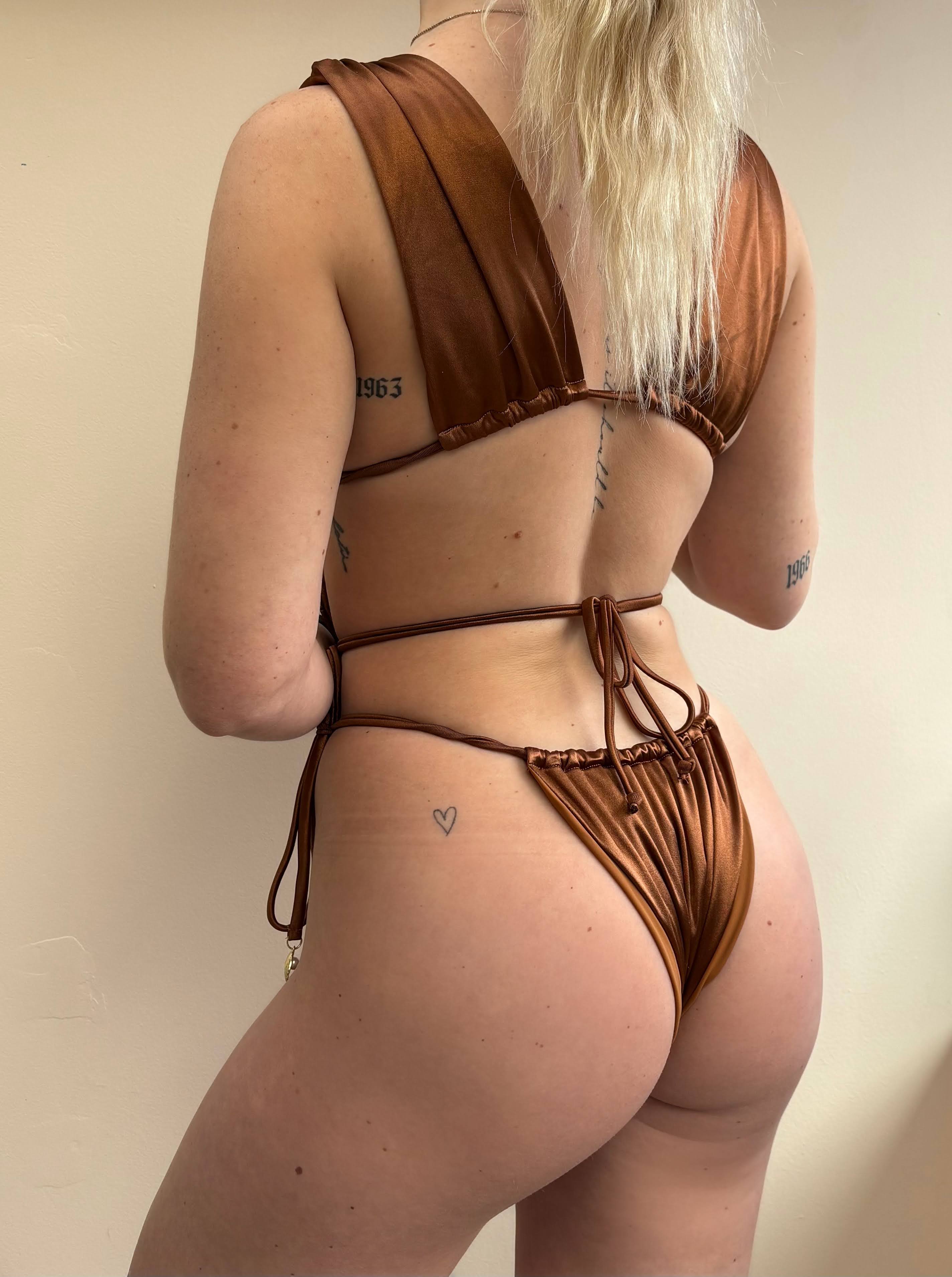 back view of classic brown metallic one piece swimsuit - Jasikini swimwear