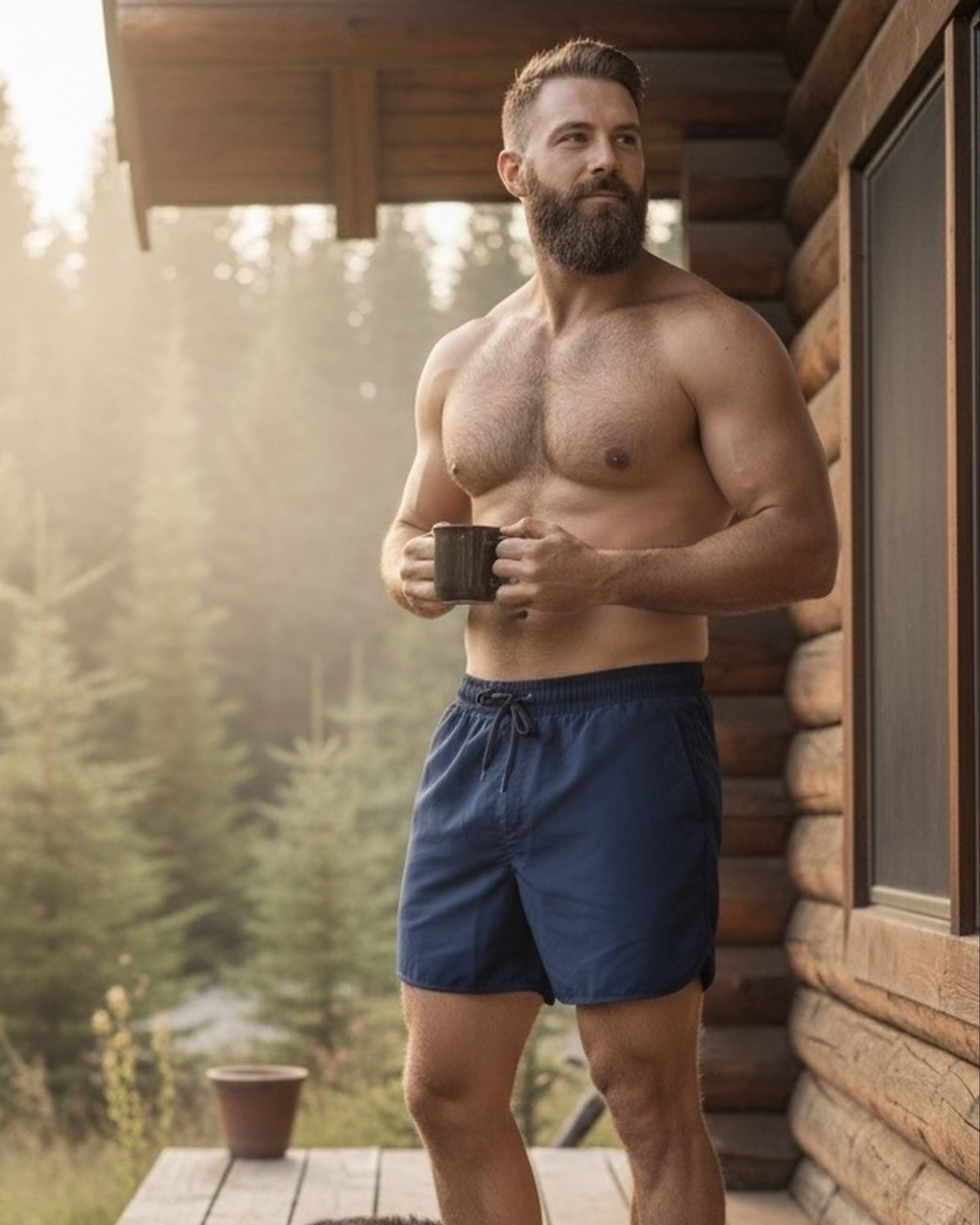Man in blue shorts holding a mug on a wooden deck with a dog, surrounded by trees and a cabin.